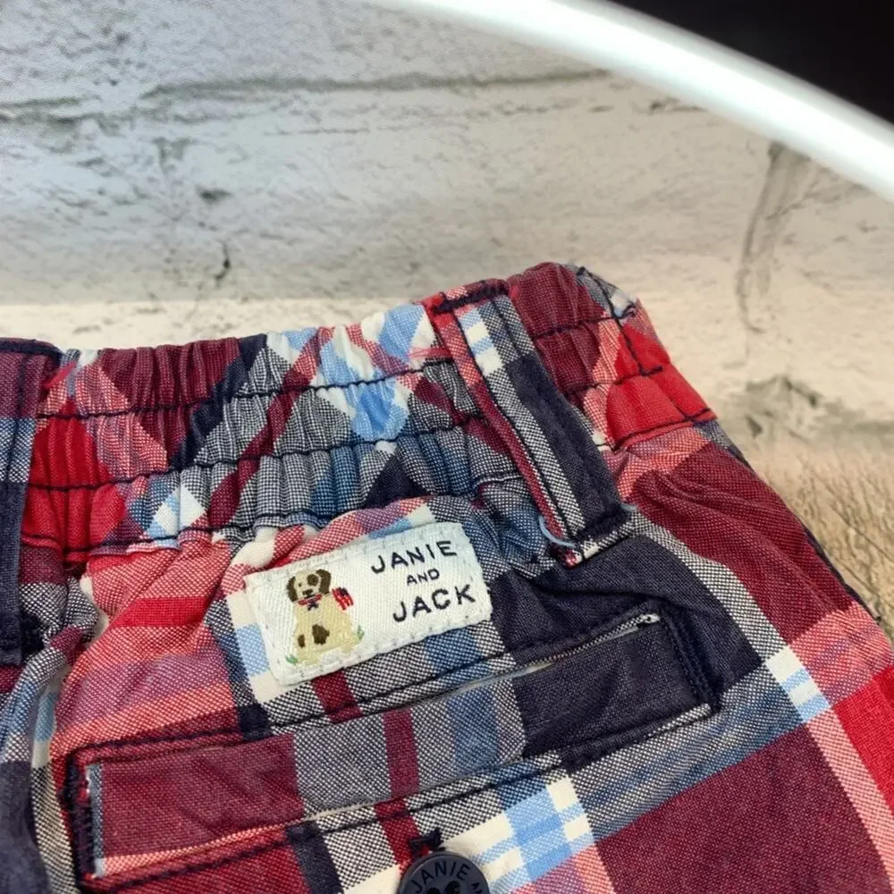 JANIE AND JACK Boy’s NWOT Red/White/Blue Plaid Chino Shorts / Size: 6-12 Months